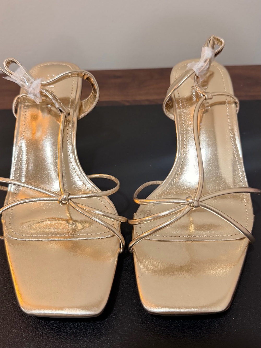 Gold Strappy Square-Toe Heeled Sandals with Knot Detail
